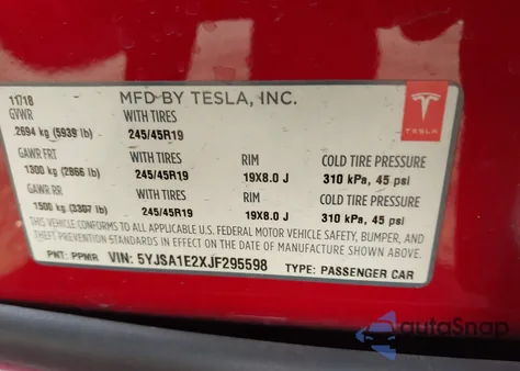 2018 Tesla Model S 100D/75D/P100D from USA, damaged, VIN 5YJSA1E2XJF295598